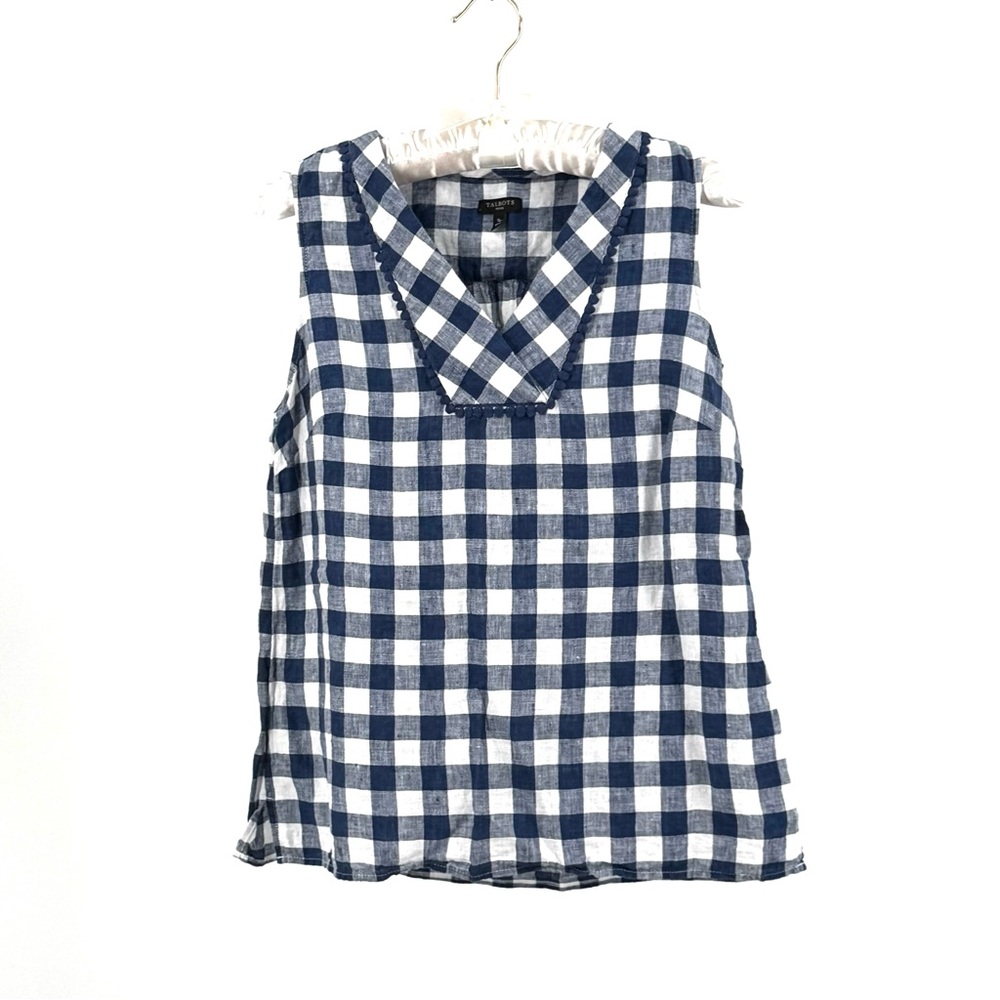 Talbots Linen Navy White Gingham Sleeveless Top Size Petite S